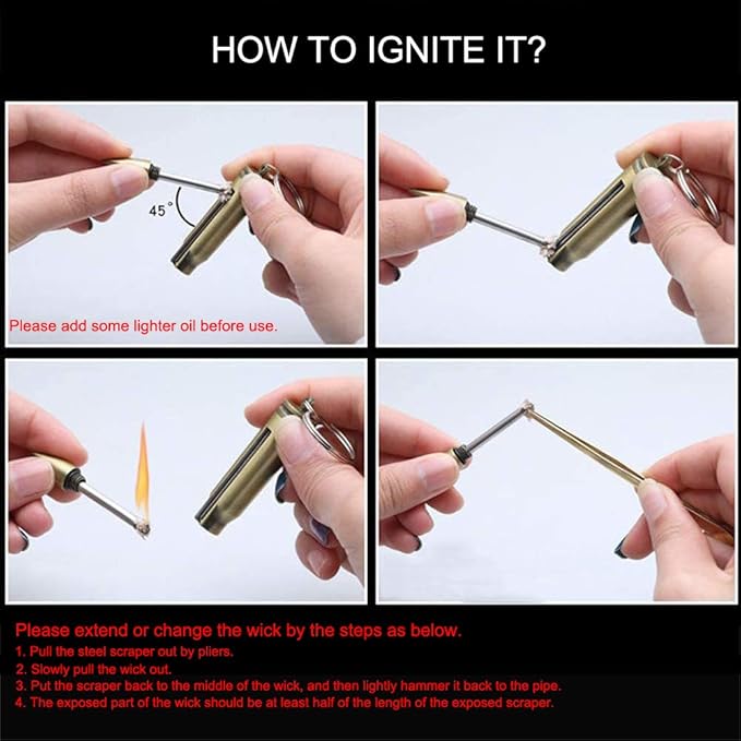 Keychain Matchstick Fire Starters, Waterproof Permanent Metal Match with Flint Matchstick, Portable Kerosene Refillable Lighter for Emergency Survival Gear