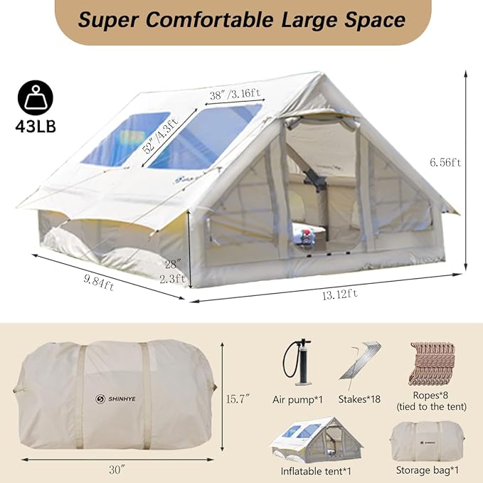 Inflatable Tent for Camping Large Blow Up Tents Glamping 4-8 Person House 4 Season Air with Pump Easy Set up Waterproof Outdoor Oxford