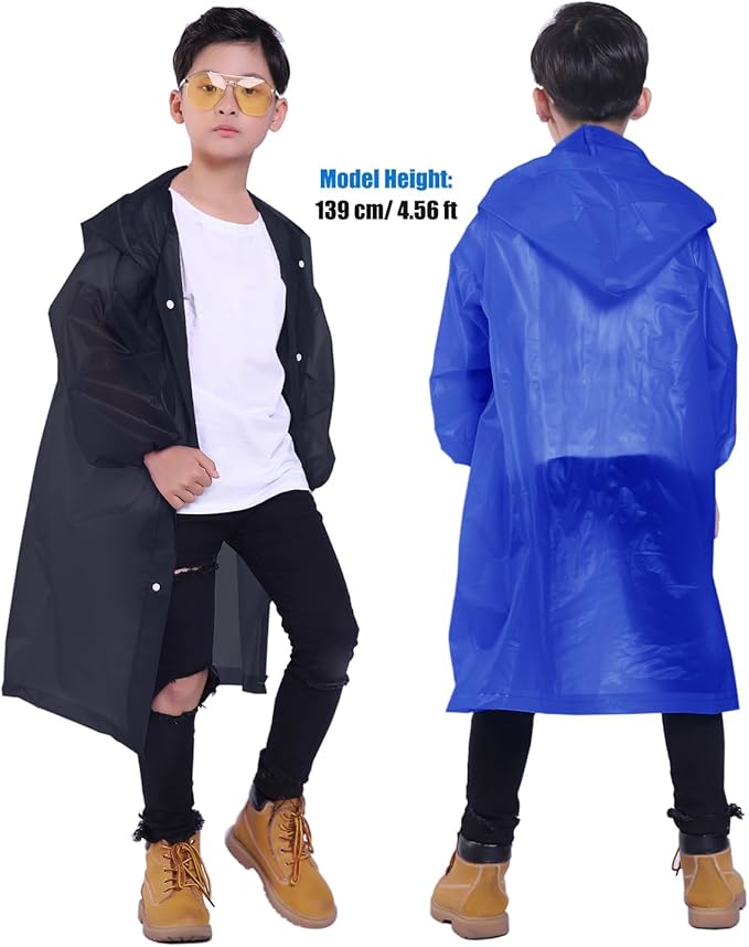 2 Pack Rain Ponchos for Kids, Reusable Kids Rain Jacket with Hood Waterproof Raincoats for Boys and Girls