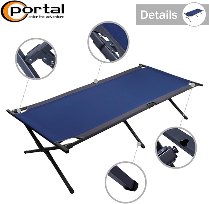 PORTAL Folding Portable Camping Cot, Guest Bed with Carry Bag and Side Storage Organizer, Camping Cots for Adults Sleeping, Away Tent Sleeping Cot Bed, Supports 300 LBS, Blue