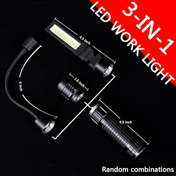 LED Work Lights Kit with Magnetic Base, Waterproof Slim Bar Light, Barbecue Flexible Goose Neck Lamp, 3 in 1 Rechargeable Riding Flashlights for Household Tool, Emergency,Camping and Auto Repair