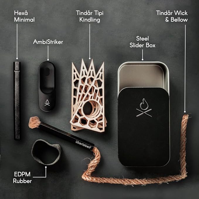 überleben FIREKIT Survival Fire Starter Kit - Ferro Rod Kit - Complete Fire Starting Kit w/Ferro Rod, Steel Striker, Tinder Wick & Bellow, and Dry Kindling for Camping - Bushcraft Survival Kit