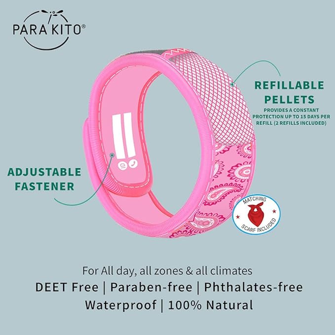 PARA'KITO Mosquito Repellent Bundle - Kids Insect Protection Bracelet + Bandana | Waterproof & DEET-Free Bug Spray Alternative for Hiking, Camping Accessories, Summer Vacation Essentials (Pink)