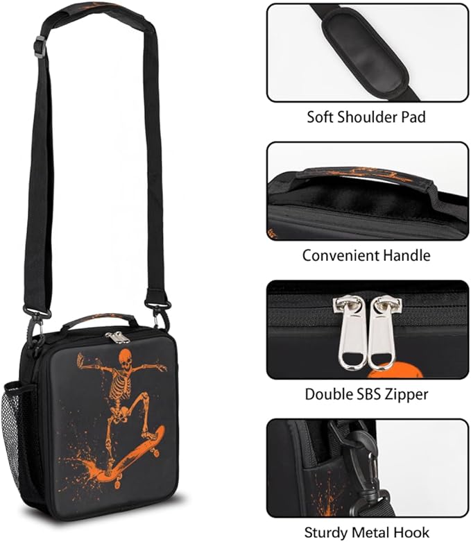 cfpolar Skull Skateboard Lunch Box for Boys Girls, Insulated Lunch Bags for Kids Reusable Mini Cooler Lunch Tote Lunchbox Thermal Meal Tote Kit with Shoulder Strap for Work School Picnic