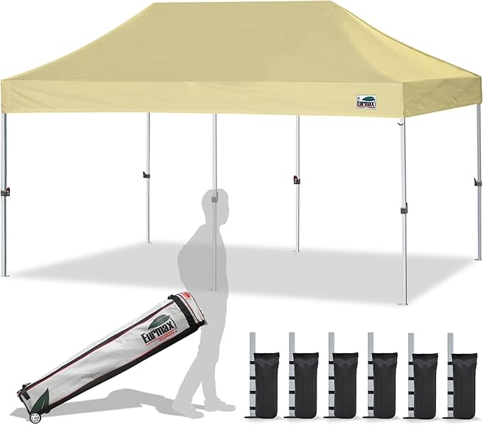 Eurmax USA 10'x20' Pop Up Canopy Tent Commercial Instant Canopies with Heavy Duty Roller Bag,Bonus 6 Sand Weights Bags (Beige)