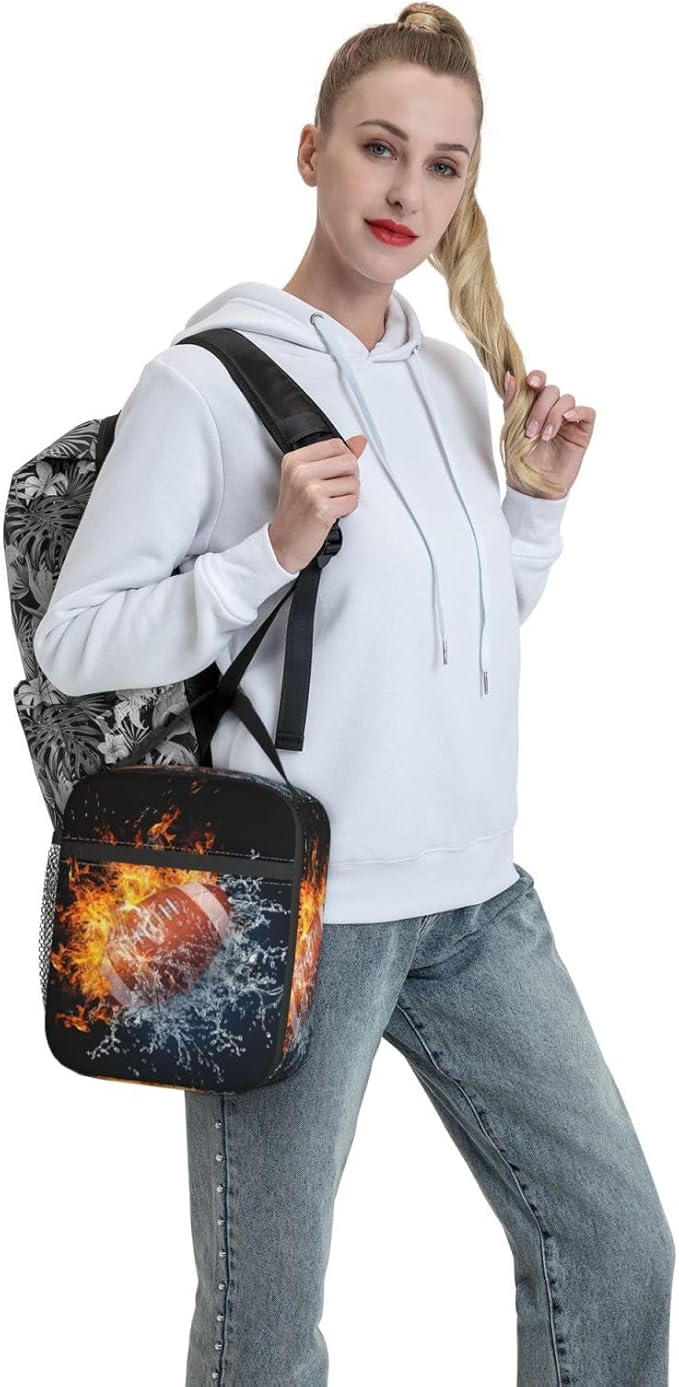 American Football Lunch Bag For Boys Girls, Reusable Fire Water Sport Lunch Box Insulated Portable Lunch Tote For Kids School Men Women Adults Work Travel
