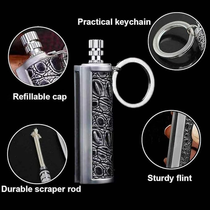 Fire Starter Lighter Waterproof Flint Match Outdoor Camping Permanent Metal Matchstick with Keychain(Sold Without Fluid) (Silver+Red)