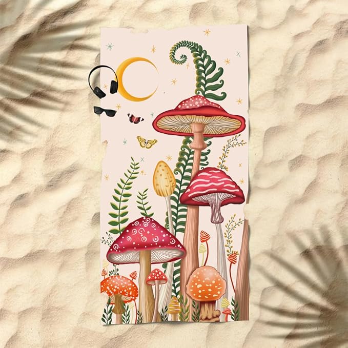 Thick Mushroom Beach Towel 30”x60” Microfiber Terry Beach Towels Kids Soft Camping Towels Sandproof Quick Drying Travel Swim Pool Yoga Gym Camping Women Men Beach Essentials Accessories Vacation Gift