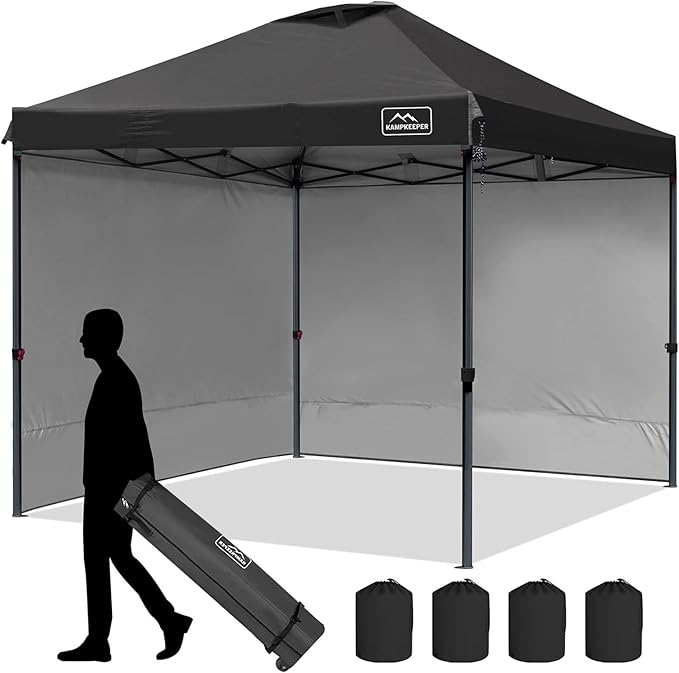 KAMPKEEPER 10x10 Pop Up Canopy Tent with 2 Sidewalls - Waterproof Outdoor Shelter for Sun Shade, Camping, Beach, Patio and Backyard Events, Black