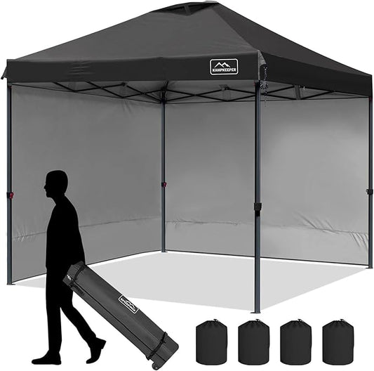 KAMPKEEPER 10x10 Pop Up Canopy Tent with 2 Sidewalls - Waterproof Outdoor Shelter for Sun Shade, Camping, Beach, Patio and Backyard Events, Black