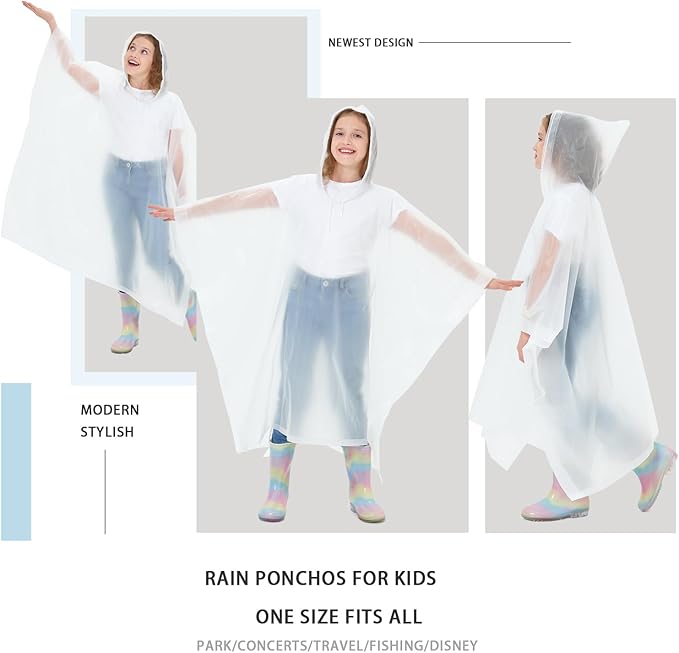 2 Pack Kids Rain Ponchos Reusable EVA Ponchos with Drawstring Hood, Waterproof Jacket for Boys and Girls
