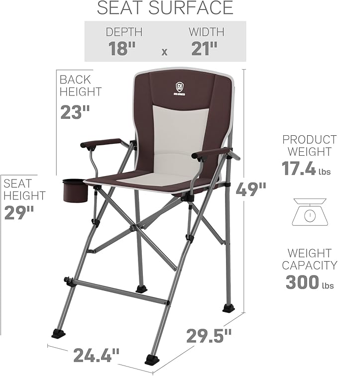 EVER ADVANCED Tall Folding Chair 31", Portable Directors Chair, Bar Height Camping Chair with Carry Bag and Footrest, Armrest, Heavy Duty Supports 300 Lbs Brown Red