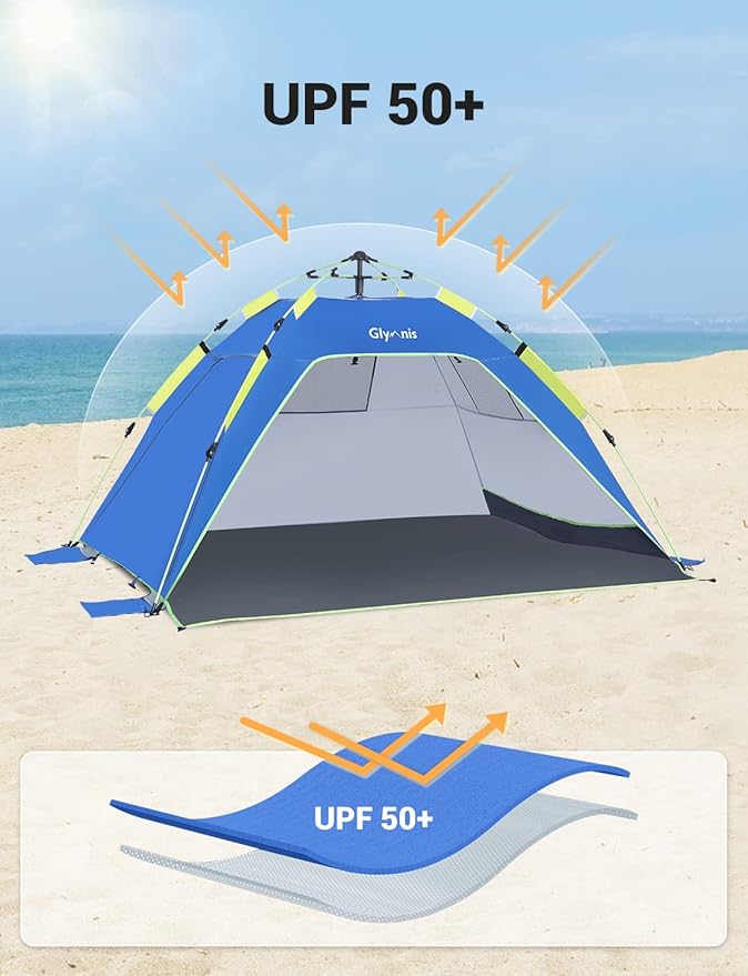 Pop Up Beach Tent Sun Shade Shelter for 3-4 Person with UPF 50+, Lightweight & Easy Setup, Vent Windows & Zippered Door, Extended Floor Family Instant Beach Tent