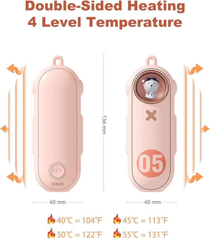 Portable Hand Warmer Electric Fast Warming Up Power Bank, 10000mAh Rechargeable Hand Warming 4 Heat Levels Double-Sided Heating, Cute Pocket USB Handwarmer for Outdoors Hunting Camping