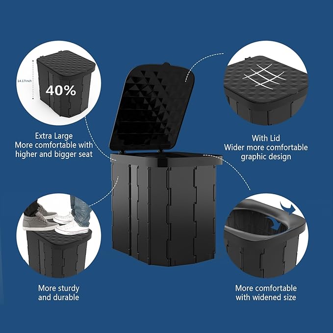 Portable Camping Toilet for Adults - Hapoon XL Portable Folding Toilet with Lid,Travel Portable Potty for Adults,Porta Potty Car Toilet,12 Toilet bags, 12 pack Liquid Waste Gel,Black