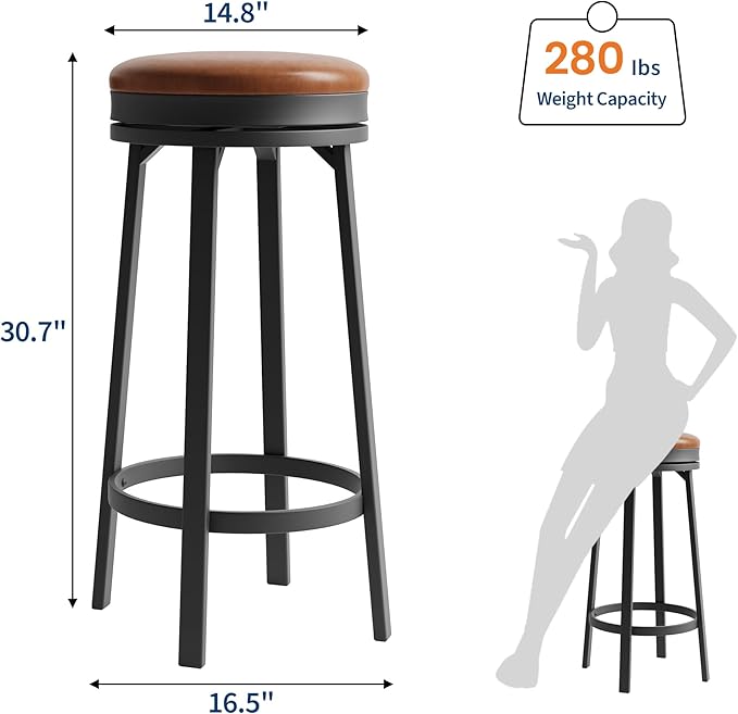 IDEALHOUSE 30'' Swivel Bar Stools Set of 2 with Footrest, Modern Counter Height Barstools with PU Leather Upholstered and Metal Frame, Backless Round Bar Stools for Kitchen Island, Brown