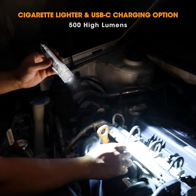 Small Flashlight Rechargeable with Diffuser 12 Volt Car Cigarette Lighter & USB C Charge for Auto Vehicles Emergency, Car Escape, Outdoors, Daily Use
