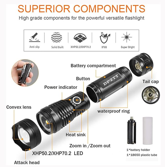 DPZTT Rechargeable Tactical Flashlights High Lumens High Powered Best Flash Light Super Bright 12 Hours Long Life LED Flashlight with 5 Modes for Home Outdoor