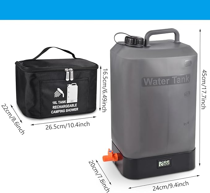 Portable Outdoor Shower, 4.5 Gallon Silicone Water Tank, Battery Powered and with Temperature Display, Solar Heating, Easy to Carry, Emergency Water in The car, Very Suitable for Camping, Beach