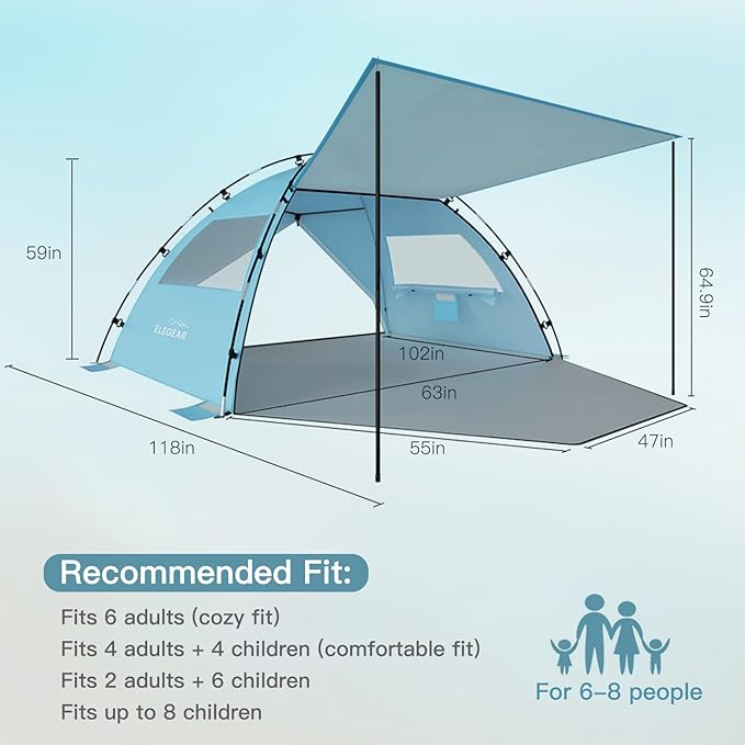 Elegear Beach Tent Sun Shelter with Canopy, 6-8 Person Beach Tent, Easy Setup UPF 50+ UV Protection Portable Lightweight Double Silver Coating Cabana Sun Shade Shelter - Sky Blue
