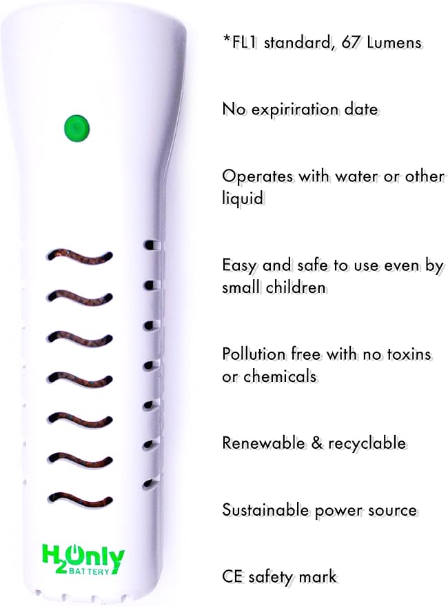 Flashlight - No Batteries Needed - Water Powered (or Any Liquid)- No Expiration Date - 67 Lumens, Emergency Light - Last up to 1500 Hours-White