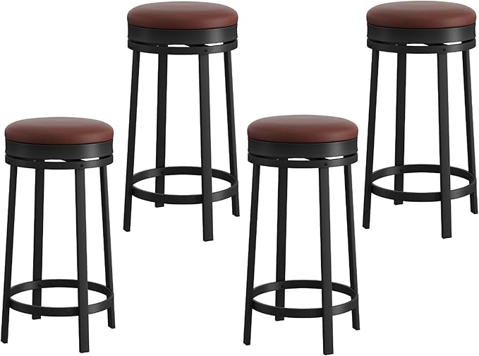 IDEALHOUSE 24'' Swivel Bar Stools Set of 4 with Footrest, Modern Counter Height Barstools with PU Leather Upholstered and Metal Frame, Backless Round Bar Stools for Kitchen Island, Brown