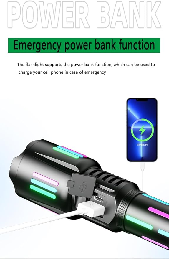 High brightness rechargeable flashlight, super bright waterproof long life tactical flashlight, 1.5km long beam, LCD power display, 5 modes, suitable for emergency, camping, hiking and so on.