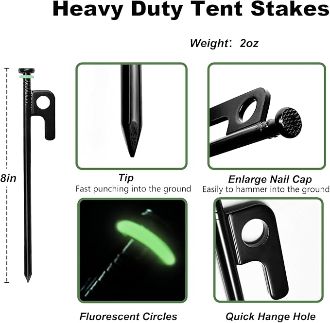 32Pcs Tent Stakes, 8in Heavy Duty Tent Stakes with Storage Pouch, Forged Steel Tent Sakes Metal, Metal Stakes for Tent Used on Grassland, Snowfield, Dessert(32Pcs, 8in, Diameter 1/4")