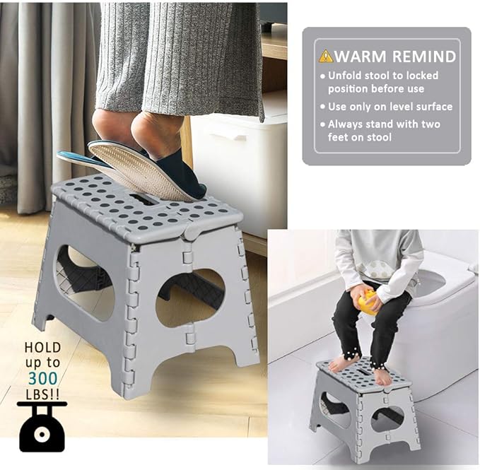Non-Slip Folding Step Stool, Sturdy Safe Enough - Holds up to 300 Lb - 11 inch Footstool for Adults or Kids, Folding Ladder Storage/Opens Easy, for Kitchen,Toilet,Camping (Light Grey, 11'')