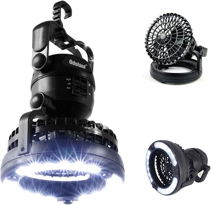 Odoland Bundle - 2 Items Portable LED Camping Lantern & Portable Misting Fan with Light & 250mL Water Tank