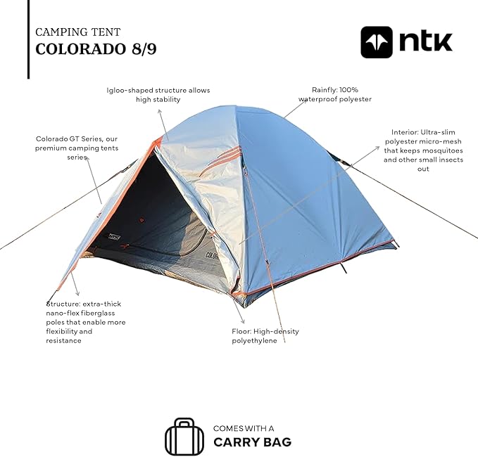 NTK Colorado GT 2/4/6/8 Person Outdoor Dome Family Camping Tent 100% Waterproof, Easy Assembly, Durable Fabric Full Coverage Rainfly - Micro Mosquito Mesh