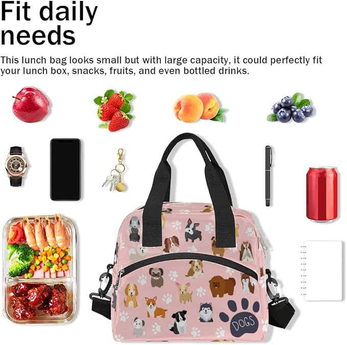 Dog Lunch Bag Dog Paws Pink Lunch Box for Women Girls, Reusable Insulated Leakproof Meal Prep Organizer Tote Thermal Cooler Bag with Shoulder Strap for Kids Adult School Work Office Picnic