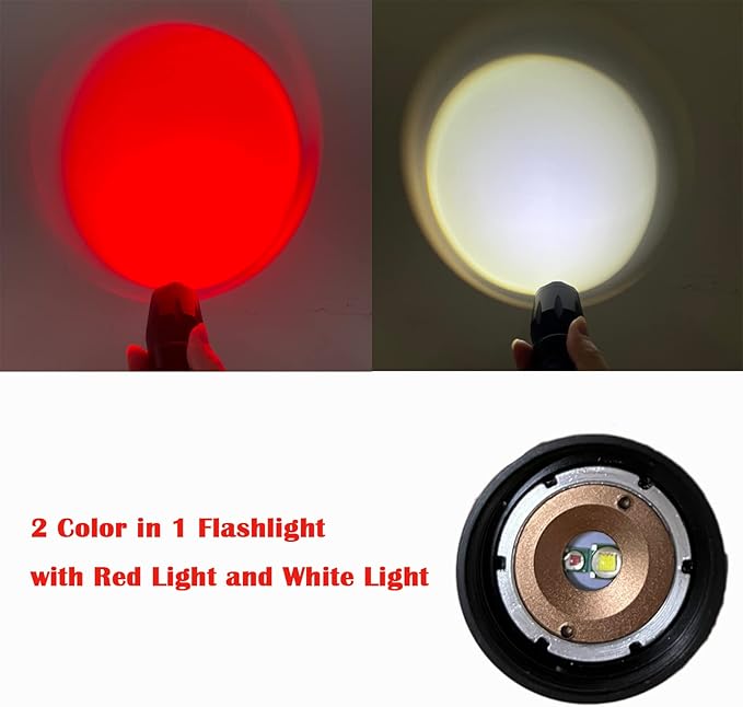 Dual Color Tactical LED Flashlight with White Light & Red Light Option for Night Hunting Astronomy Aviation, 2 Pack