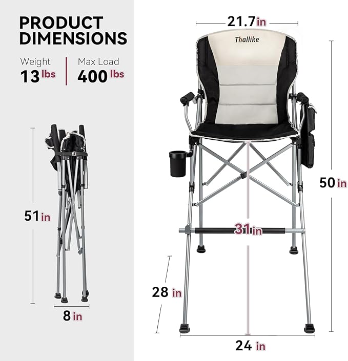 Foldable Directors Makeup Salon High Chair - Portable Camping Bar Height Folding Photoshoot Chairs with Stroage Bag Cup Holder Non-Slip Footrest, Supports 400 lbs Black Tall Director Chair