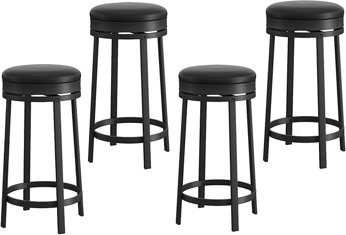 IDEALHOUSE 24'' Swivel Bar Stools Set of 4 with Footrest, Modern Counter Height Barstools with PU Leather Upholstered and Metal Frame, Backless Round Bar Stools for Kitchen Island, Black
