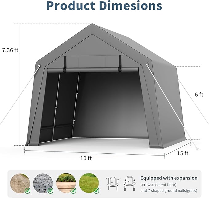 GAOMON 10'x15' Outdoor Portable Garage, Waterproof & UV-Resistant Storage Shed with 2 Roll-Up Doors, Carport Tent for Motorcycle, Bike, and Tools, Gray
