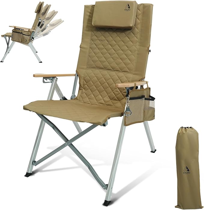 Camping Reclining Chair, Heavy Duty Folding Chairs with 4-Stage Adjustable High Back for Adults, Compact Foldable Outdoor Patio Reclining Chair with Storage Bag (Khaki)
