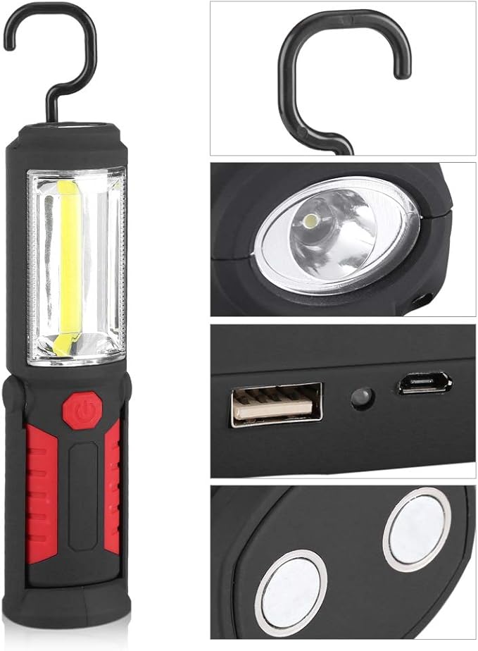 LED Flashlight Rechargeable, Rechargeable Flashlights Magnetic Flashlight Cob Work Light Portable Inspection Light Floodlight Pocket Worklight for Home Garage Travel Camping Emergency Repair(red)