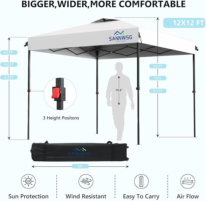 12X12 Pop Up Canopy Tent with 3 Sidewalls,Easy Up Canopy,Commercial Instant Shelter,Heavy Duty One Person Set Up Event Tent,White