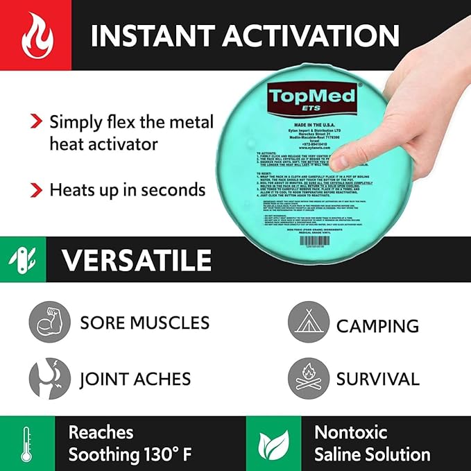 TopMed ETS Instant Reusable Heat Pack, Reusable Hand Warmer, Instant to Go Pocket Hand Warmer for Camping, Hiking, and Pain Relief, One Click Heating