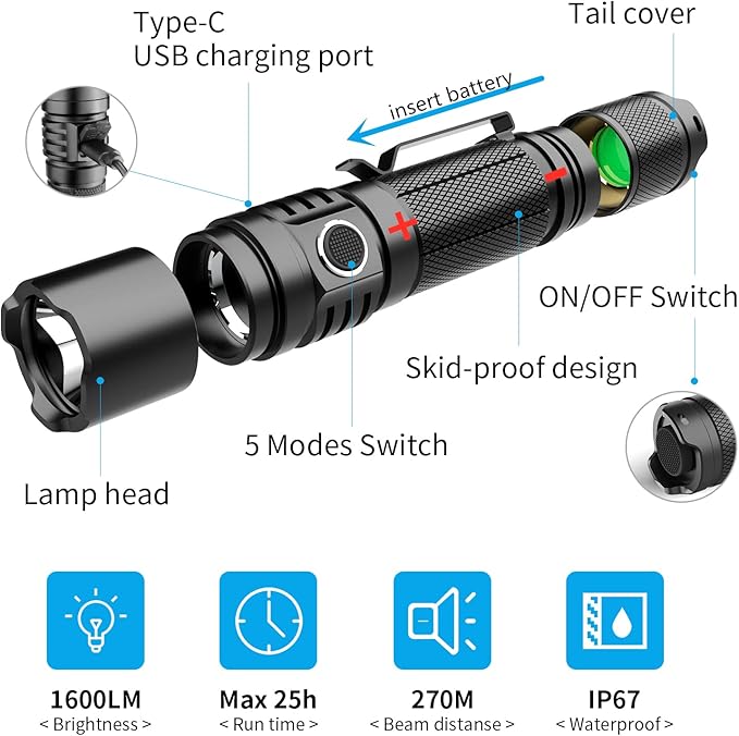 High Power LED Flashlight USB C Rechargeable, 1600 Lumen Tactical Flashlight IP65 Waterproof Handheld Flashlight for Emergency,Police Law Enforcement,Hunting,Camping,Hiking