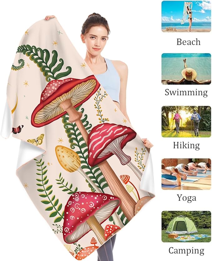 Thick Mushroom Beach Towel 30”x60” Microfiber Terry Beach Towels Kids Soft Camping Towels Sandproof Quick Drying Travel Swim Pool Yoga Gym Camping Women Men Beach Essentials Accessories Vacation Gift