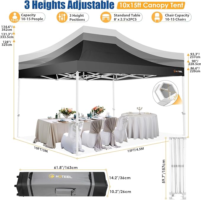 HOTEEL 10x15 Pop up Canopy Tent for Parties, Heavy Duty Easy Setup Tent Without Sidewalls, Outdoor Commercial Instant Gazebo for Wedding Event, with Roller Bag & Sand Bags, Black(Hexagonal Frame)