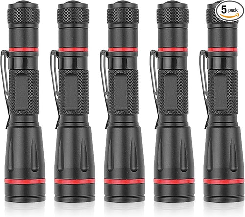 5 Pack LED Flashlights, Handheld Pen Light Flashlight, Pocket Torch PenLight with Clip, Zoomable, Waterproof, Slim Led Pen Flashlight for Camping, Outdoor