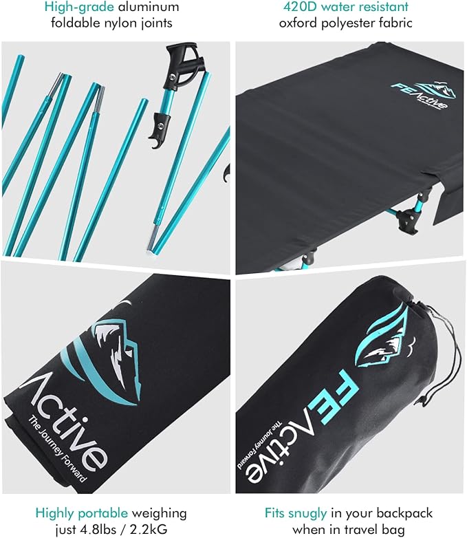 FE Active Folding Camping Cot - Lightweight, Compact & Portable Camping Bed, Comfortable Sleeping Cots for Adults & Kids - Camp Cot Fits Single Air Mattress Pad|Designed in California, USA