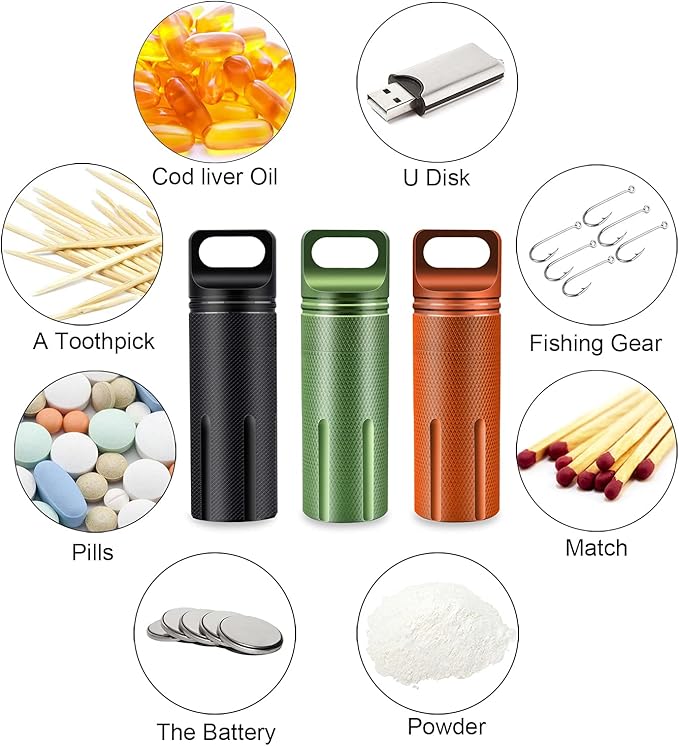SHD Outdoor EDC Pill Bottle Aluminum Alloy Single Chamber Survival Container Capsule, Portable Waterproof Pill Holder Case for Hiking Camping,Emergency Tools(3PCS)