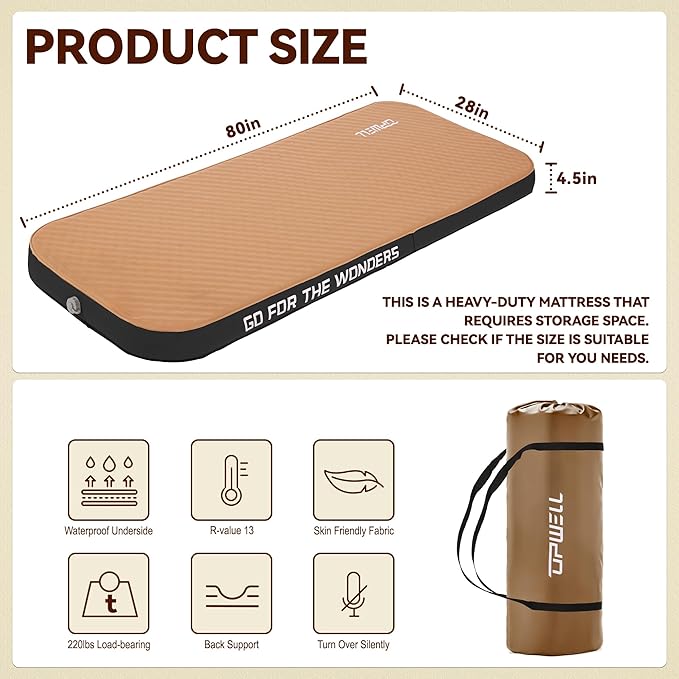 UPWELL Self Inflating Sleeping Pad 4.5" Thickness Camping Mattress with Solid Foam Portable Fast Inflation for Outdoor Single Sleeping Mat Portable Roll Up Bed Brown&Black