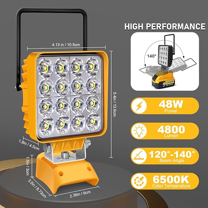 Portable LED Work Light for Dewalt 20v Battery,Dewalt Battery Light with Power Functionality and Rotating Stand,Rechargeable Flood Light,48W 4800LM Flashlight for Garage & Jobsite Lighting