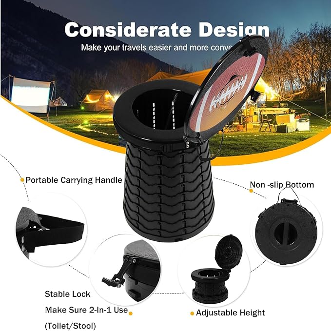 ALEVMOOM 19.7" XXL Portable Toilet for Camping 3-in-1 Travel Stool with Lid Adjustable Waterproof Foldable Collapsible 880Lbs Load Capacity for Traffic Jam/Fishing/Hunting/Hiking/Boating