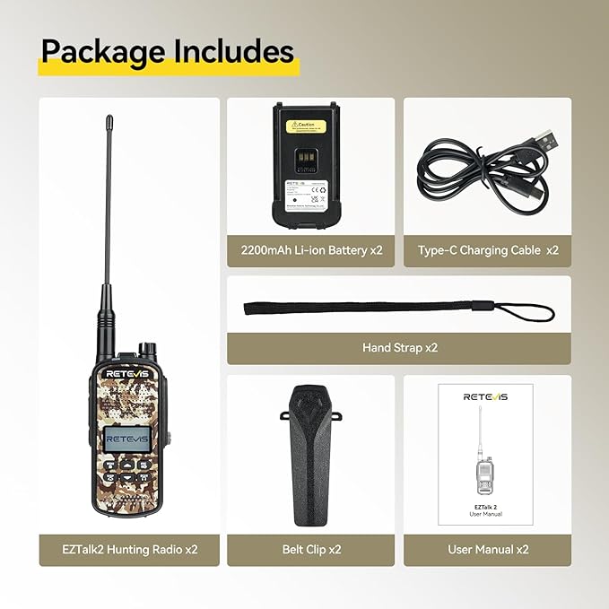 Retevis EZTalk 2 GMRS Two Way Radio, IP67 Waterproof Walkie Talkies, 2200mAh, NOAA, Rechargeable Hunting Radios Long Range, Handheld Walkie Talkie for Adult, Hunting Camo 2 Pcs